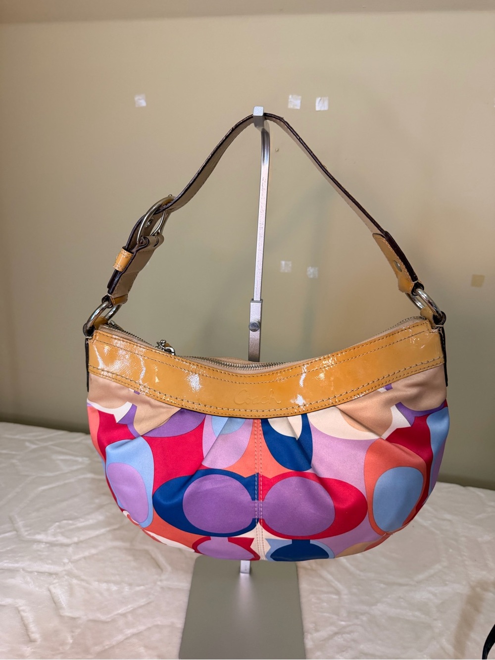 Coach Multicolor Signature C Pattern Shoulder Bag with Tan Patent Trim
